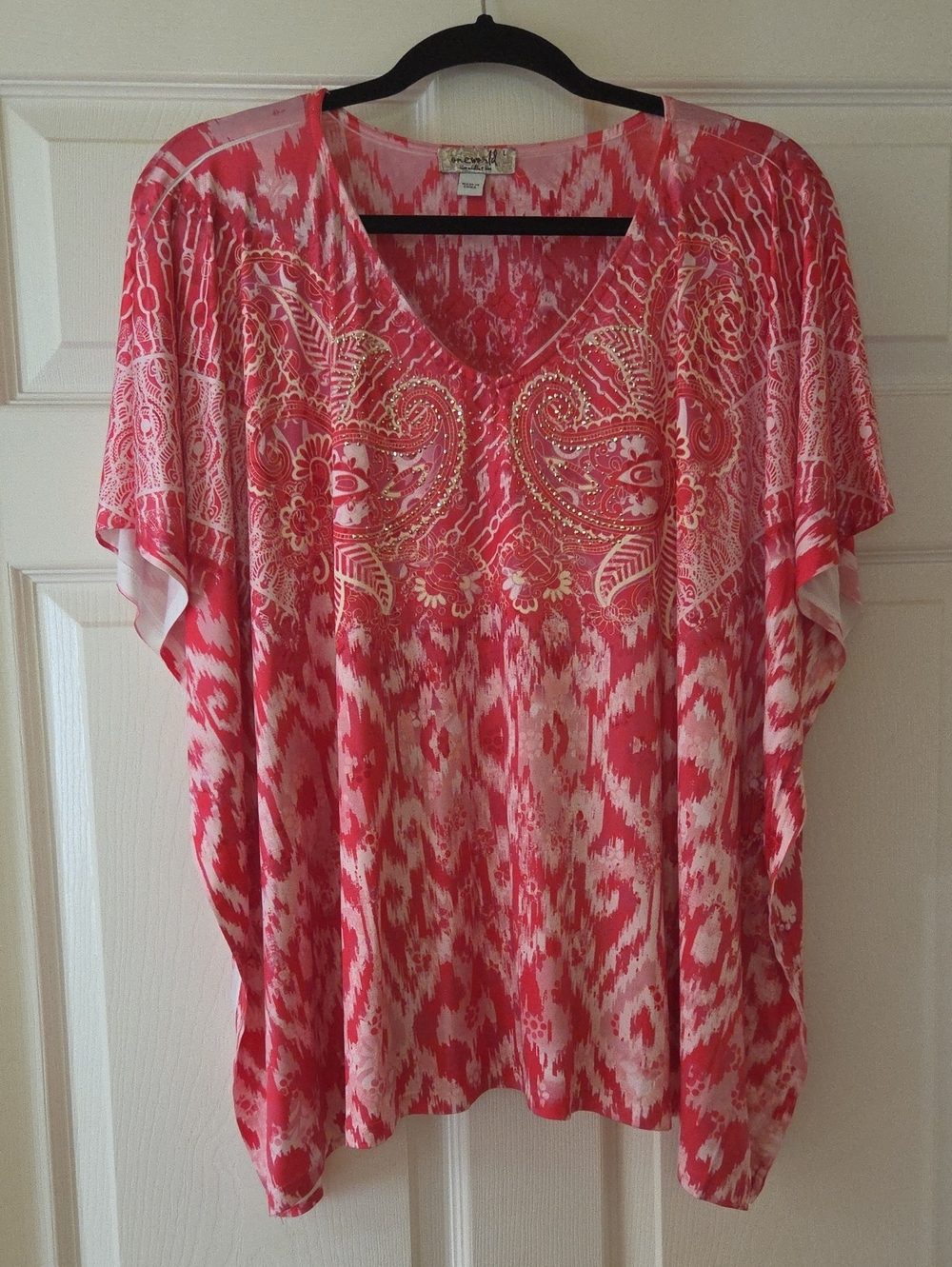 ONE WORLD Coral Pink Beaded V-Neck Tunic Top